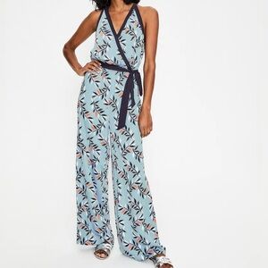 Boden Leaf Print Halter Jumpsuit - Light Blue